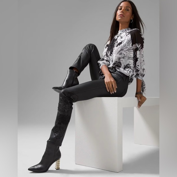 WHBM Holiday Jean High-Rise Coated Denim & Lace Slim Jeans Black 16 - Picture 4 of 16